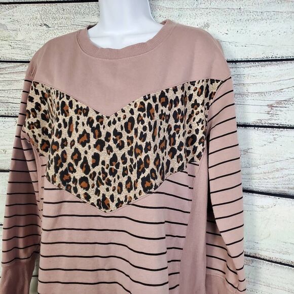 Maurices M Leopard Striped Pullover Sweatshirt Pink Tan Animal Print Long Sleeve - Picture 2 of 7